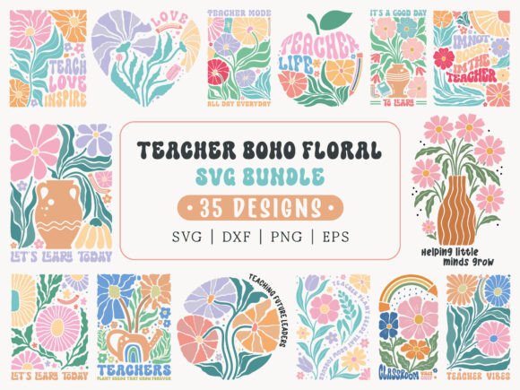 Teacher Boho Floral SVG Bundle for Crafts and Graphics
